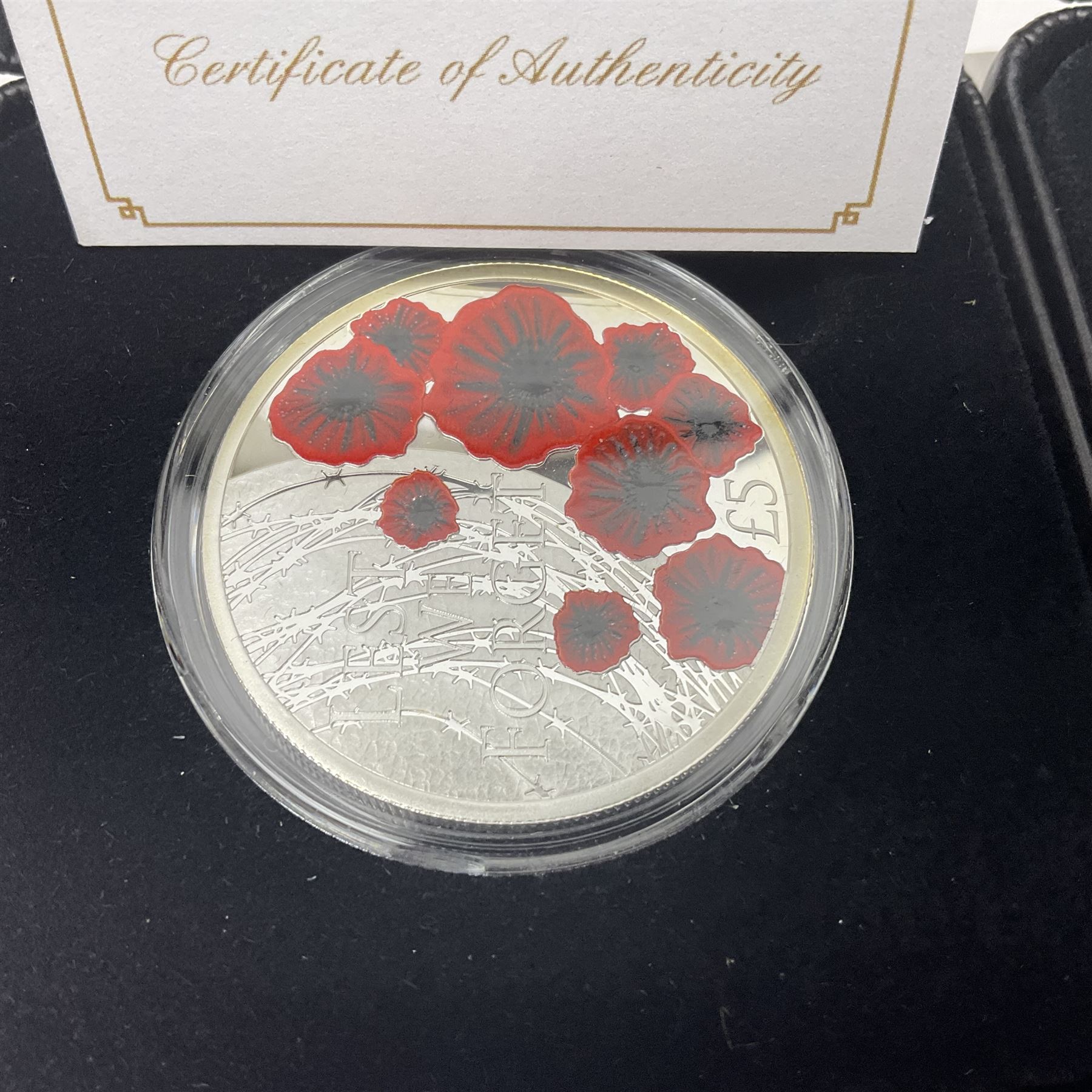 Six Queen Elizabeth II silver proof coins, comprising Government of Niue 2018 ‘The Flanders Remembrance Poppy’ two dollars, Solomon Islands 2020 ‘80th Anniversary of the Battle of Britain’ five dollars, Alderney 2019 ‘The 75th Anniversary of D-Day’ five pound, Alderney 2019 ‘Remembrance Day’ five pound, Bailiwick of Jersey ‘Prince Philip 70 Years of Service’ five pound, Pobjoy Mint Gibraltar 2020 ‘Penny Black’ fifty pence coin, with further Pobjoy Mint Gibraltar 2020 proof sterling silver piedfort ‘Penny Black’ fifty pence coin, all boxed with certificates