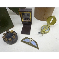  Ammunition metal box containing Eagle thermos, compass, clock, badge miliary spade etc  