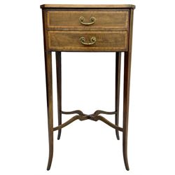 Edwardian mahogany side or lamp table, the canted rectangular top with satinwood band and boxwood stringing, fitted with two drawers, square tapering supports terminating at splayed feet joined by shaped x-framed stretchers