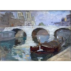Attrib. Gustave Madelain (French 1867-1944): Barge on the Seine Paris, oil on paper laid on panel signed with monogram 15cm x 21cm