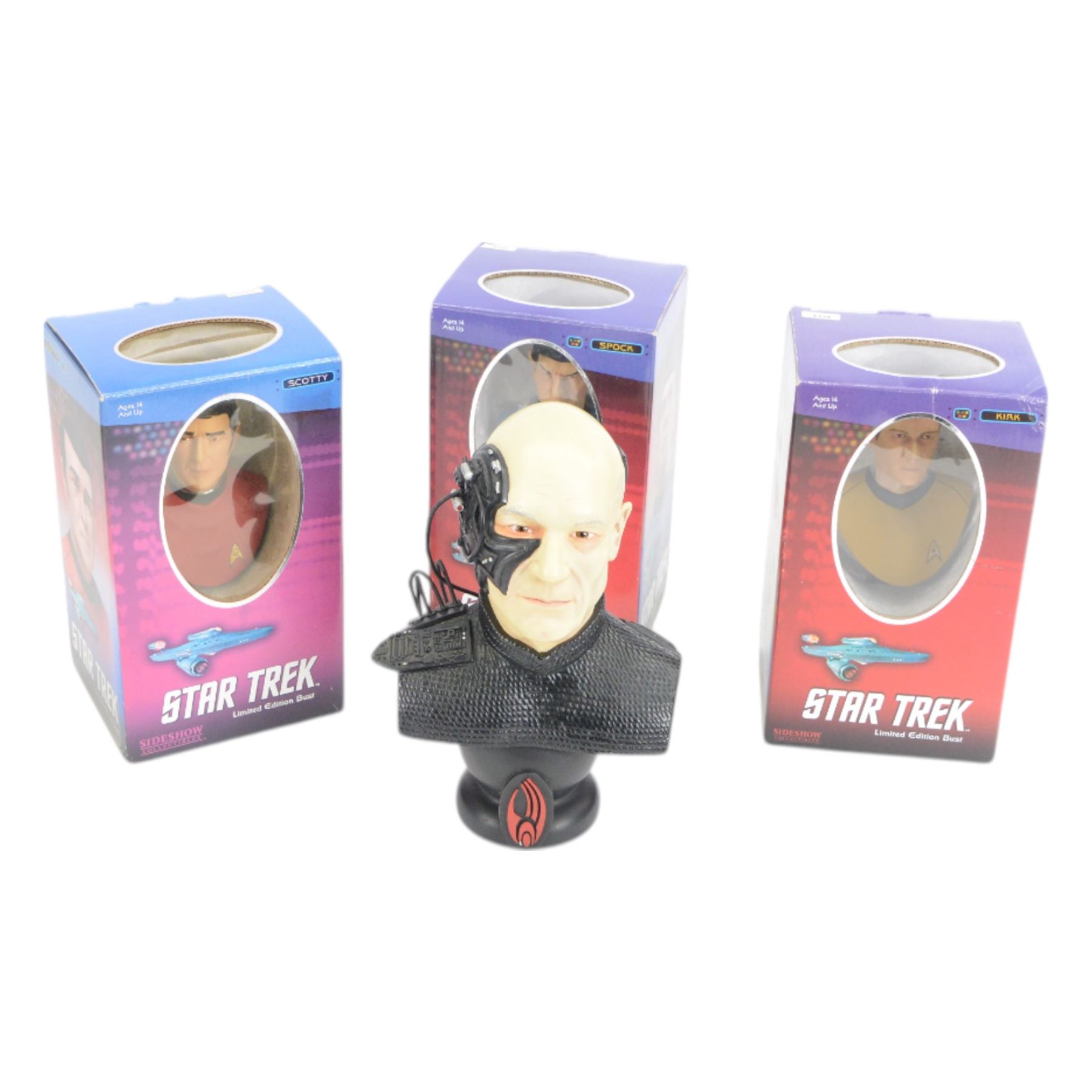 Legends in 3 Dimension Star Trek The Next Generation Locutus of Borg bust, no. 2306/5000, together with three Sideshow Star Trek Original Series limited edition character busts, comprising Scotty, Kirk and Spock, three boxed