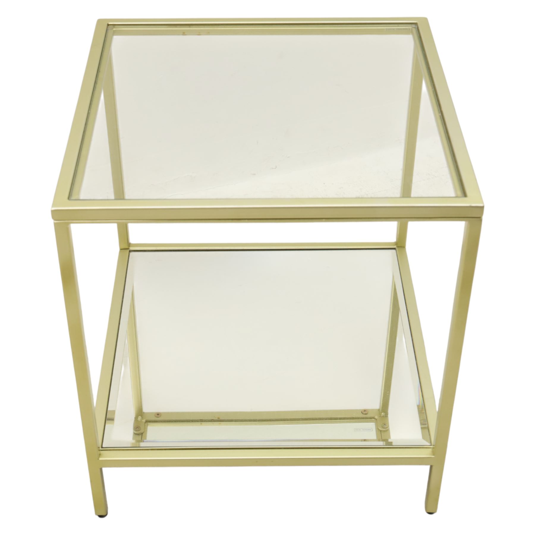 Modern pair of brass finish and glass bedside stands, each of square form with clear glass top, glazed sides and mirrored under tier, enclosed by a square section brass finish metal frame, raised on short square supports