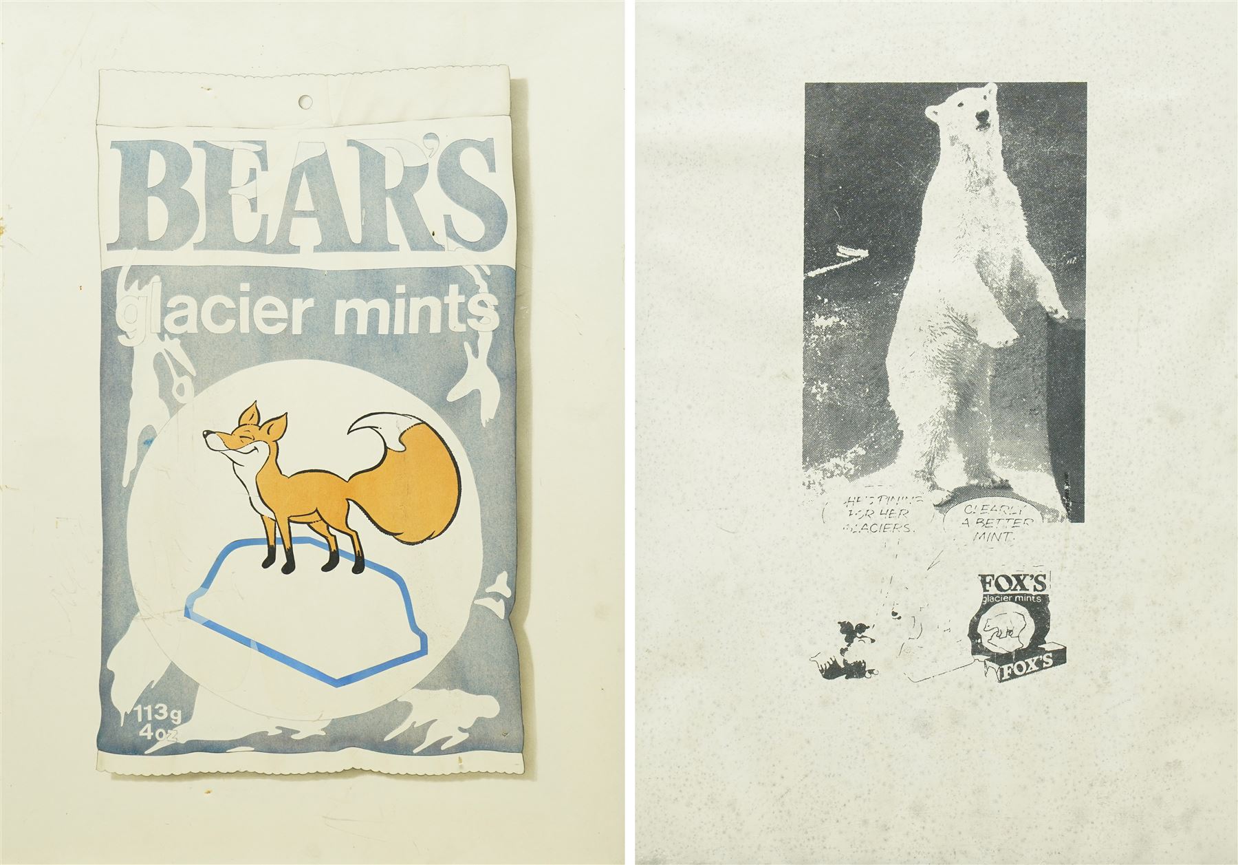 Original Rowntree Mackintosh (Rowntrees) advertising poster for Fox's Mints - 'Bear's glacier mints', humorous subversive colour poster depicting a fox standing atop a mint with 'Bear's' as the title logo, together with another similar max 44cm x 32cm (2)
Provenance: from the personal collection of David Lamb, former advertising manager at Rowntree Mackintosh, York