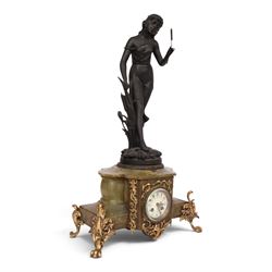 French green onyx clock, surmounted by a female figure amongst rushes, the enamel clock fa...