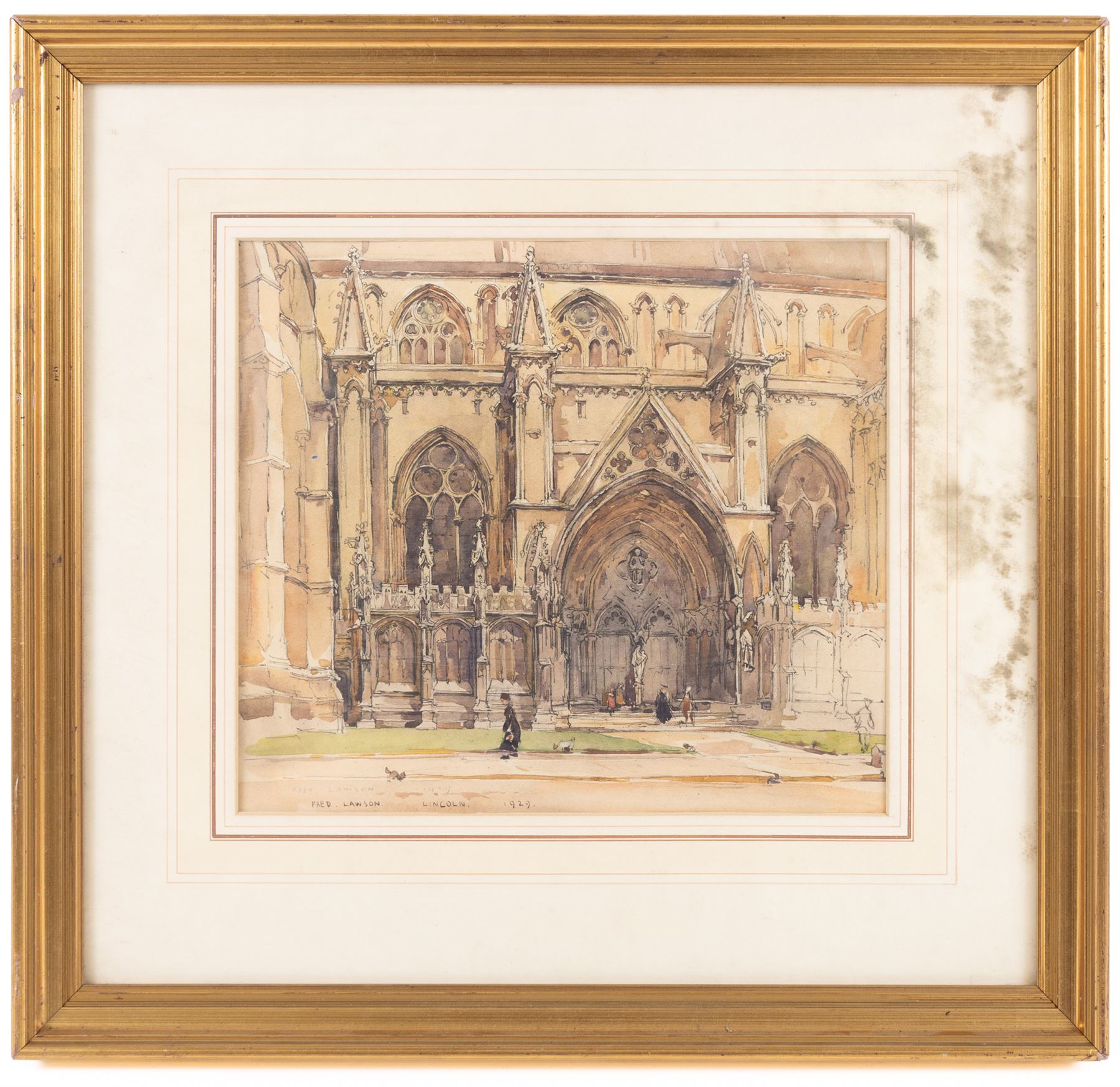 Frederick (Fred) Lawson (British 1888-1968): 'Lincoln' Cathedral, watercolour signed and dated 1929, 27cm x 30cm 