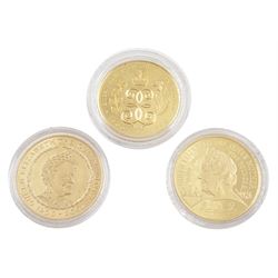 Queen Elizabeth II 'Queen Mother Gold Proof Crown Set', comprising three 22ct gold five pound coins dated 1990, 2000 and 2002