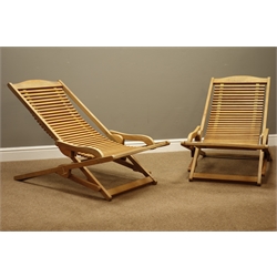  Pair of Cannock Gate steamer type sun loungers with slung slatted seat  
