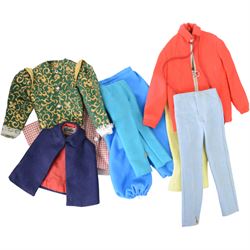 Collection of 1950s/60s Mattel Barbie dolls, including bubble cut Barbie circa 1962, with coral lips, blue eyeliner, red swimsuit and earrings, stamped 'JAPAN' to right foot, Fashion Queen Barbie, in gold and white swimsuit and headscarf, with three different wigs and a Ken doll circa 1961 in red striped shirt and shorts, together with a large quantity of 1960s Barbie and Sindy clothing, two doll stands and booklets