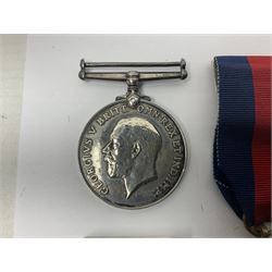 WWII group of five medals comprising 1939-45 War Medal, Defence Medal, 1939-45 Star, Africa Star and France and Germany Star on wearing bar; WWI British War Medal awarded to 142019 Pte. A. Thompson A.S.C.; and boxed King's Badge 'For Loyal Service'