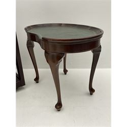 Kidney shaped leather top occasional drinks table, raised on cabriole supports, together with mahogany fold over tea trolley, shaped supports and under tier