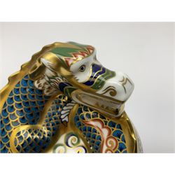 Two Royal Crown Derby paperweights, Dragon of Happiness, limited edition 1227/1500 and Dragon of Good Fortune, limited edition 1227/1500, both with gold stopper, hardwood base, certificate and with printed mark beneath