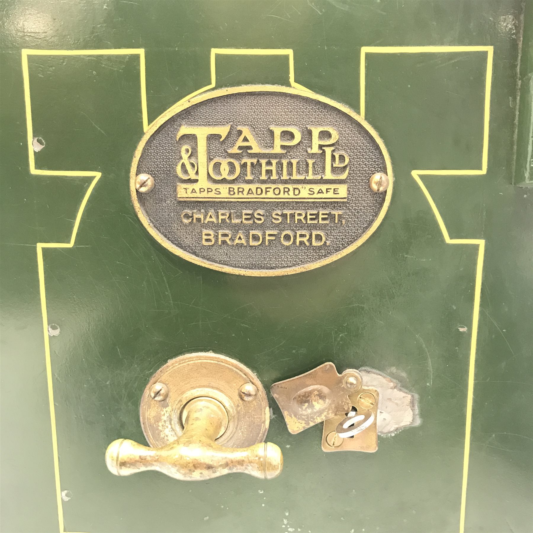 20th century cast iron Tapp & Toothill Ltd, Bradford safe, single door enclosing single drawer, painted green finish, W39cm, H52cm, D39cm