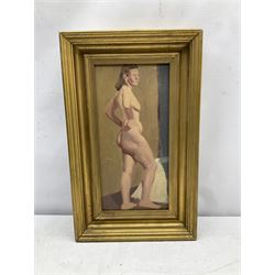 English School (mid 20th century): Standing Female Nude, oil on board unsigned 39cm x 19cm