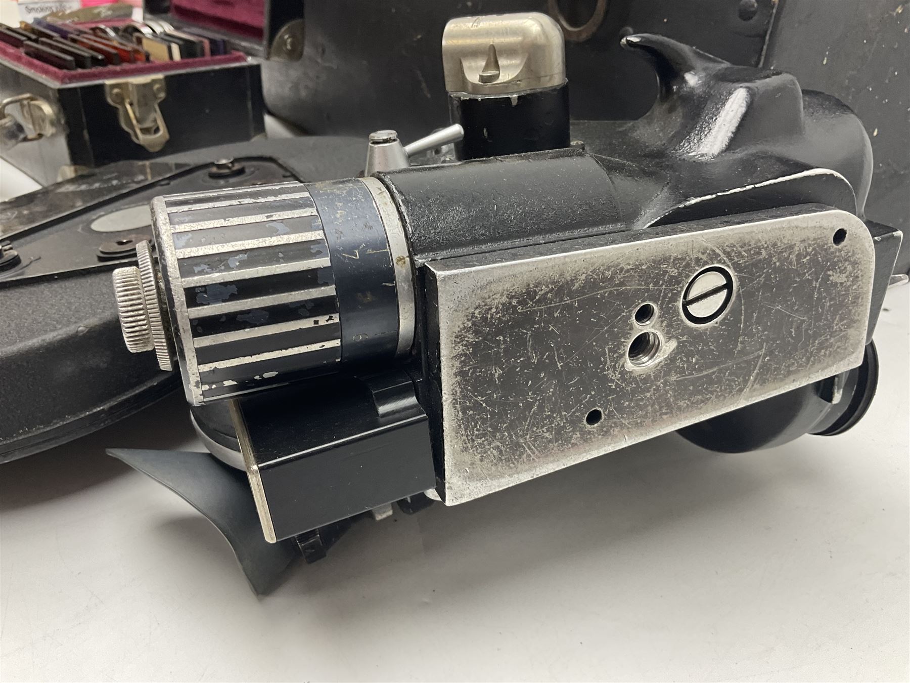 Arriflex 16 camera body, serial no. 11250, three 400ft magazines, cased filter set, 'Angenieux-Zoom Type 4x17.5B F.17.5-70mm' lens, serial no. 1199886 cases and other Addiflex equipment in hard case 