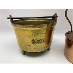 Brass coal bucket, embossed with lion to front and 1529 verso, together with an Royal Automobile Club Associate car badge and a copper kettle, bucket H 18.5cm