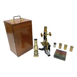 Brass field microscope, together with a cased microscope and twenty five microscope slides