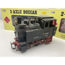 LGB (Lehmann Gross Bahn) G scale, gauge 1 - 0-4-0 tank locomotive No.995001; unboxed; and two American Aristo Craft Trains 2-axle boxcars Santa Fe and Pennsylvania; both boxed (3)