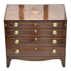 George III figured mahogany bureau, fitted interior behind fall front with feathered beading to border, boxwood fan paterae to corners, central panel decorated with Grecian urn in pearwood, boxwood strung to edge, over four graduated drawers with matching beading, oval brass plate handles, pierced brass escutcheons, on shaped apron with bracket feet