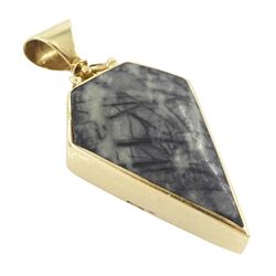 9ct gold kite shaped pendant, one side set with Whitby jet, the reverse set with Picasso jasper by C W Sellors, Sheffield 2001