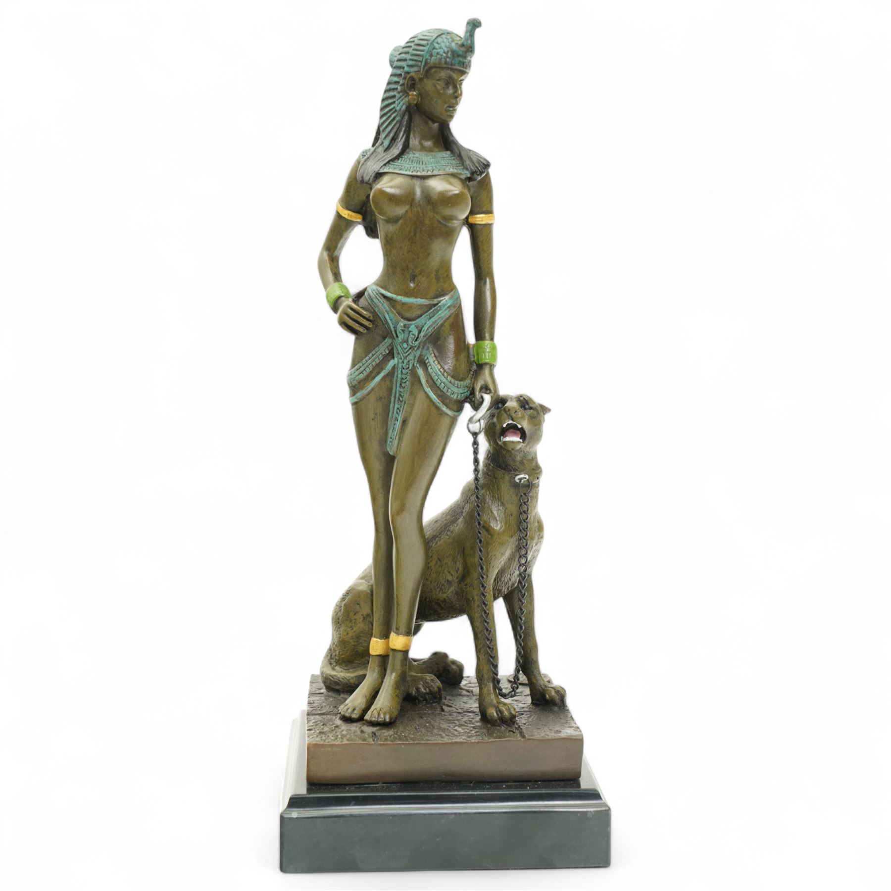 Bronze of Cleopatra with a panther on a leash, foundry mark on square marble base H25cm 