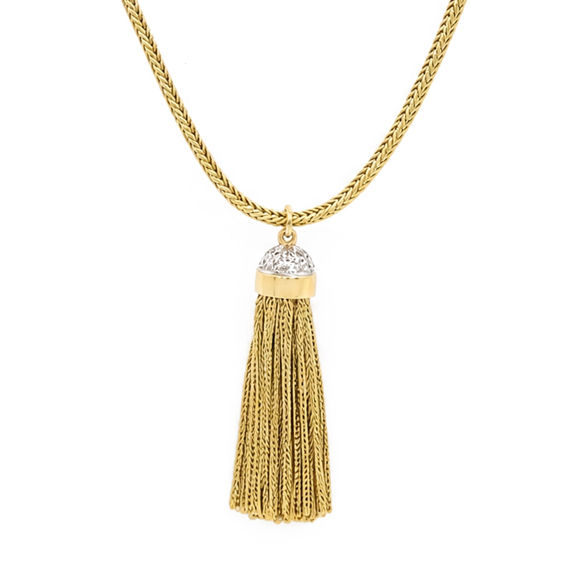 18ct gold diamond tassel pendant necklace, the white gold dome top pave set with twenty single cut diamonds, suspending a thirty-seven foxtail link strands, on a foxtail link chain necklace, total diamond weight approx 1.60 carat