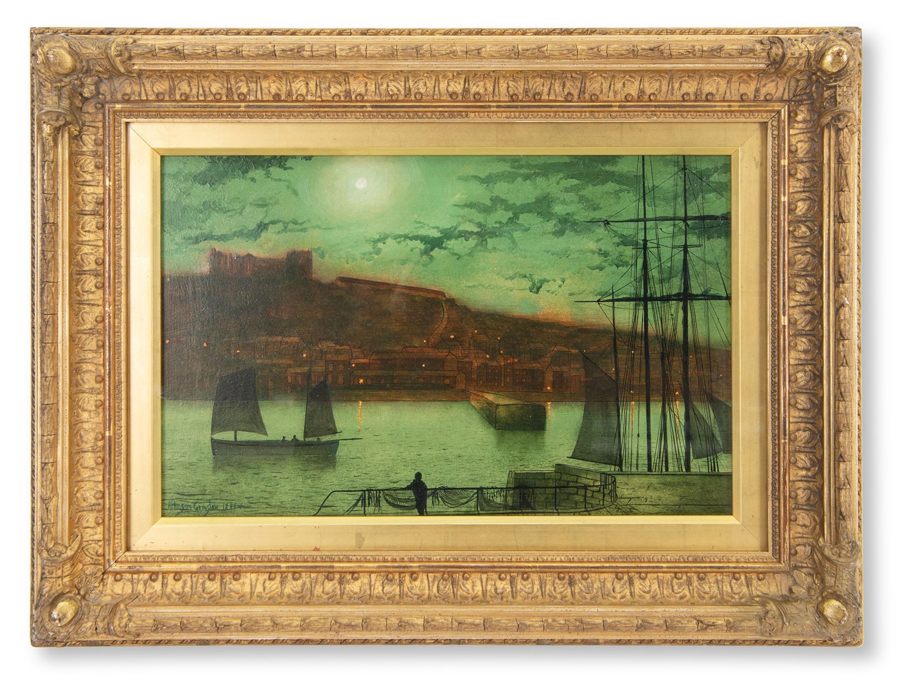 John Atkinson Grimshaw (British 1836-1893): Whitby from Scotch Head, oil on board signed and dated 1886+, 24cm x 37.5cm 
Provenance: private collection, purchased David Duggleby Ltd 8th December 2014 Lot 75; David Duggleby Whitby 14th September 2004 Lot 249; Phillips Leeds 16th November 1999 Lot 321. Sold together with a copy of the Phillips catalogue, which reads: 
