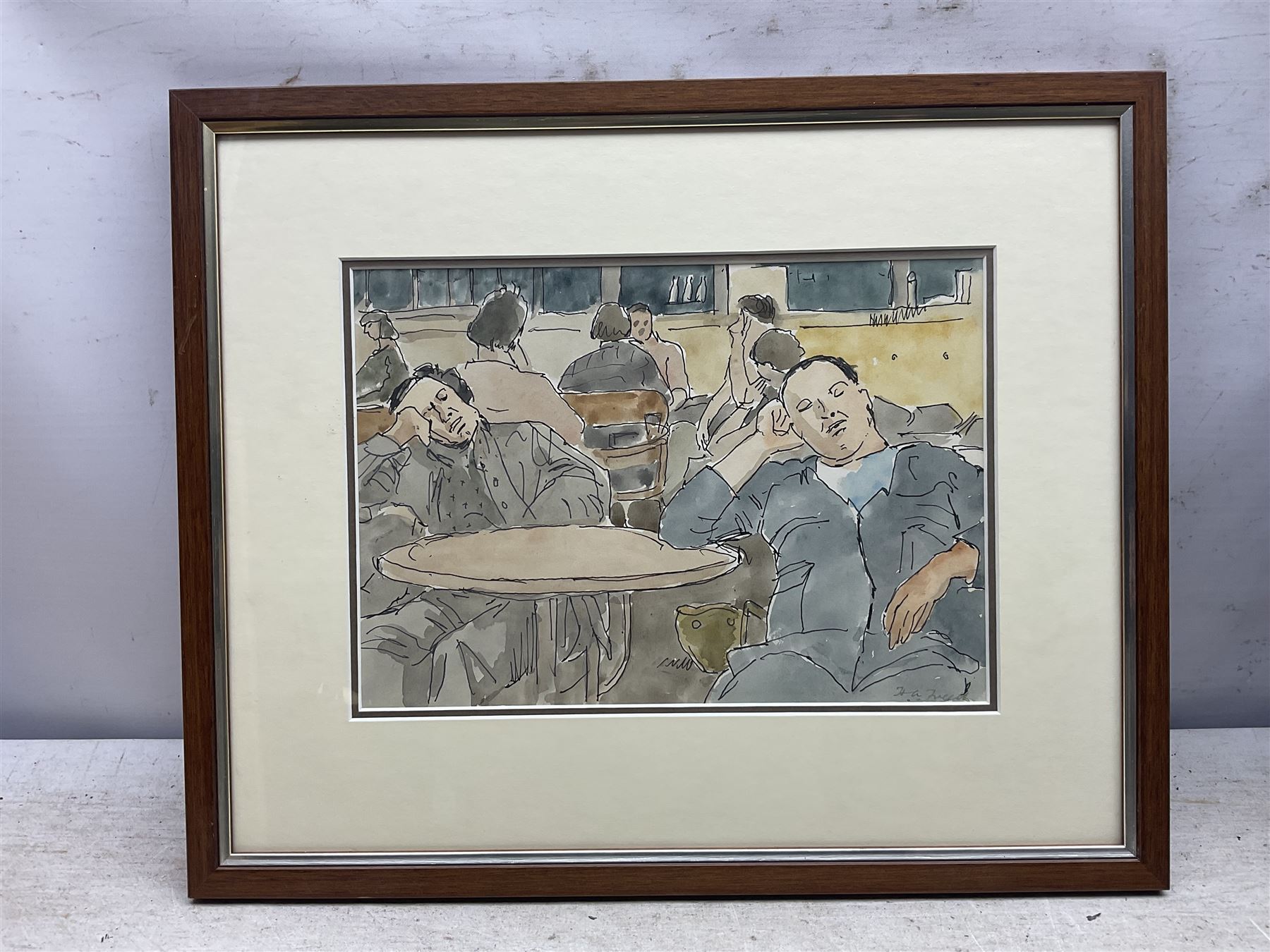Hubert Andrew Freeth RA (British 1912-1986): 'Refreshment Tents - Henley Regatta' and Two Workers Asleep, two ink and watercolours signed, one titled on John Lindsey Fine Art label verso, exhib. 1982, max 30cm x 41cm (2)