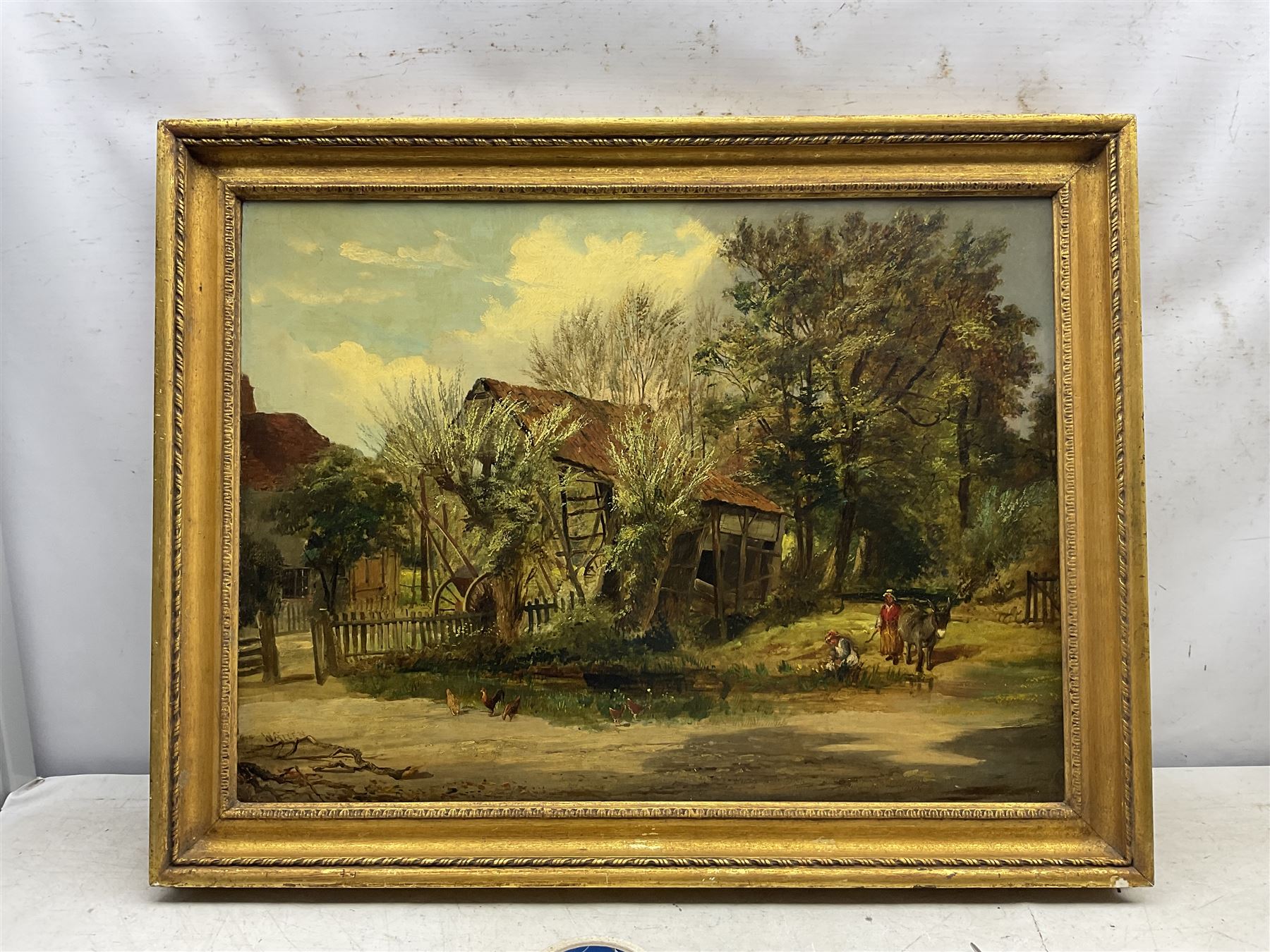 W Allen (19th century): Farmstead with Figures Donkey and Hens, oil on canvas signed 48cm x 66cm