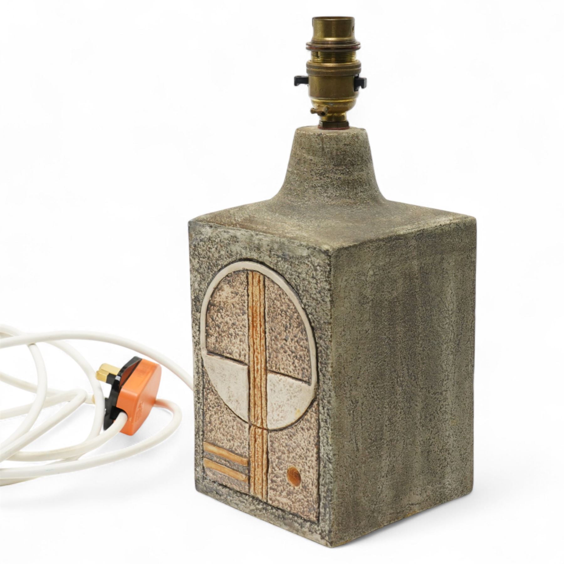 Alison Brigden (AB) for Troika, 1977-83, Square lamp base with incised geometric decoration H23cm excluding fitting
