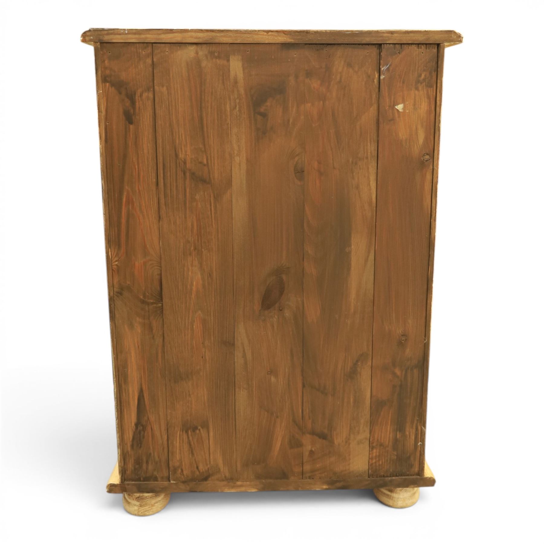 Traditional design cream painted lacquered pedestal chest, rounded moulded top over four short drawers, the drawer fronts decorated with monochrome printed animal scenes, conforming foliate and geometric borders to the top and sides, turned handles, on bun feet