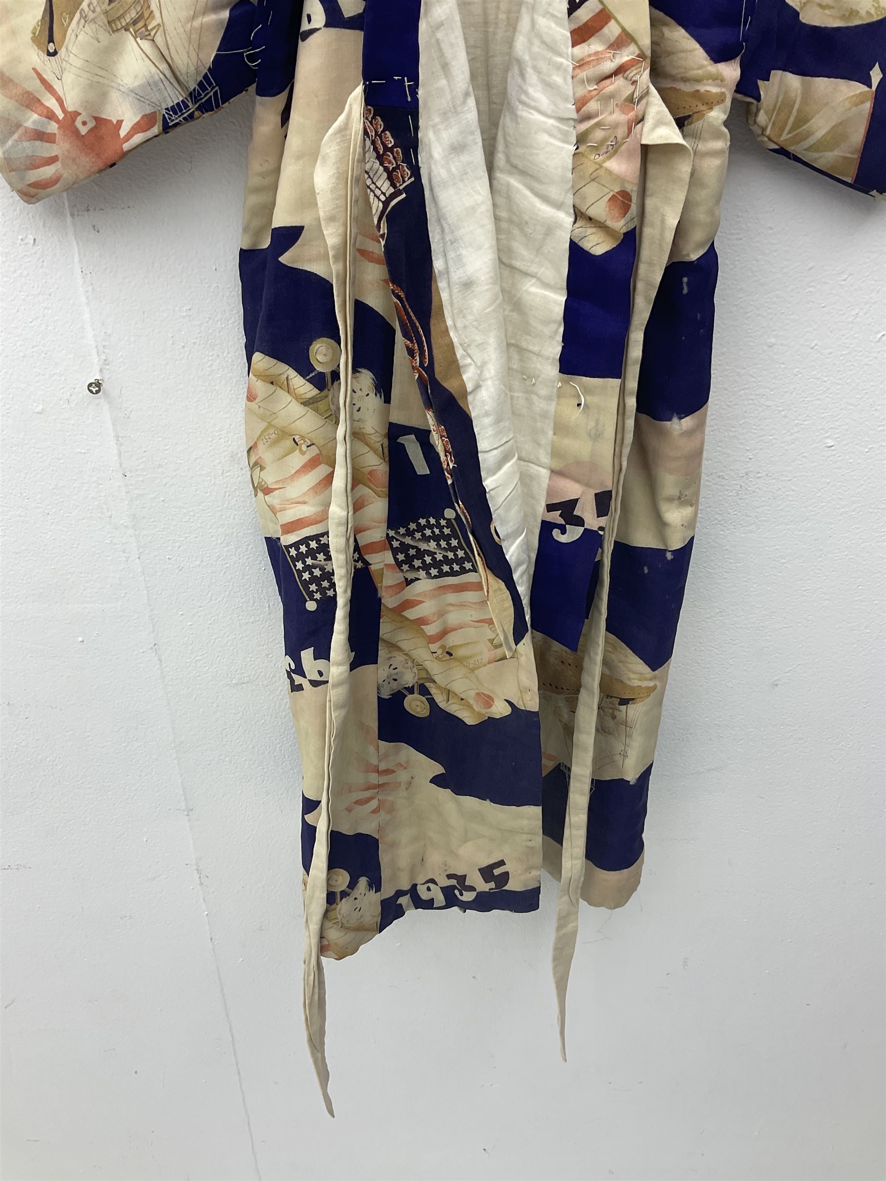1930s Japanese fully lined kimono decorated with Japanese naval vessels and bi-planes, Japanese, American and British flags and dated 1935; looks to be child's size