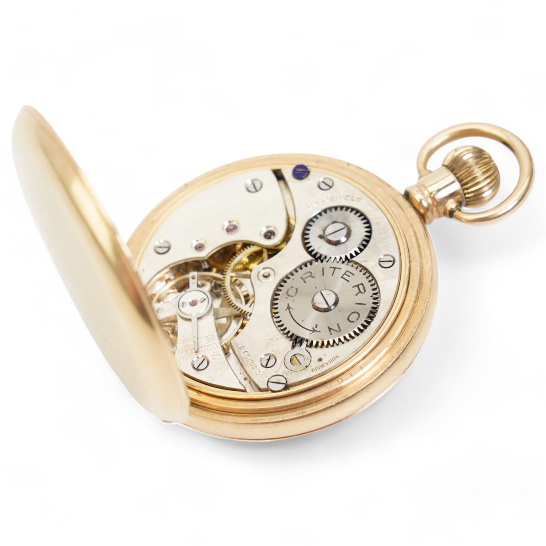 Criterion gold plated half-hunter top-wind pocket watch, white enamel dial with Roman numerals and subsidiary seconds dial