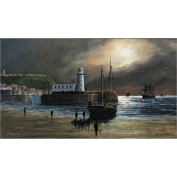 Robert Sheader (British 20th Century): Scarborough Lighthouse at Low Tide, oil on board signed 34cm x 60cm