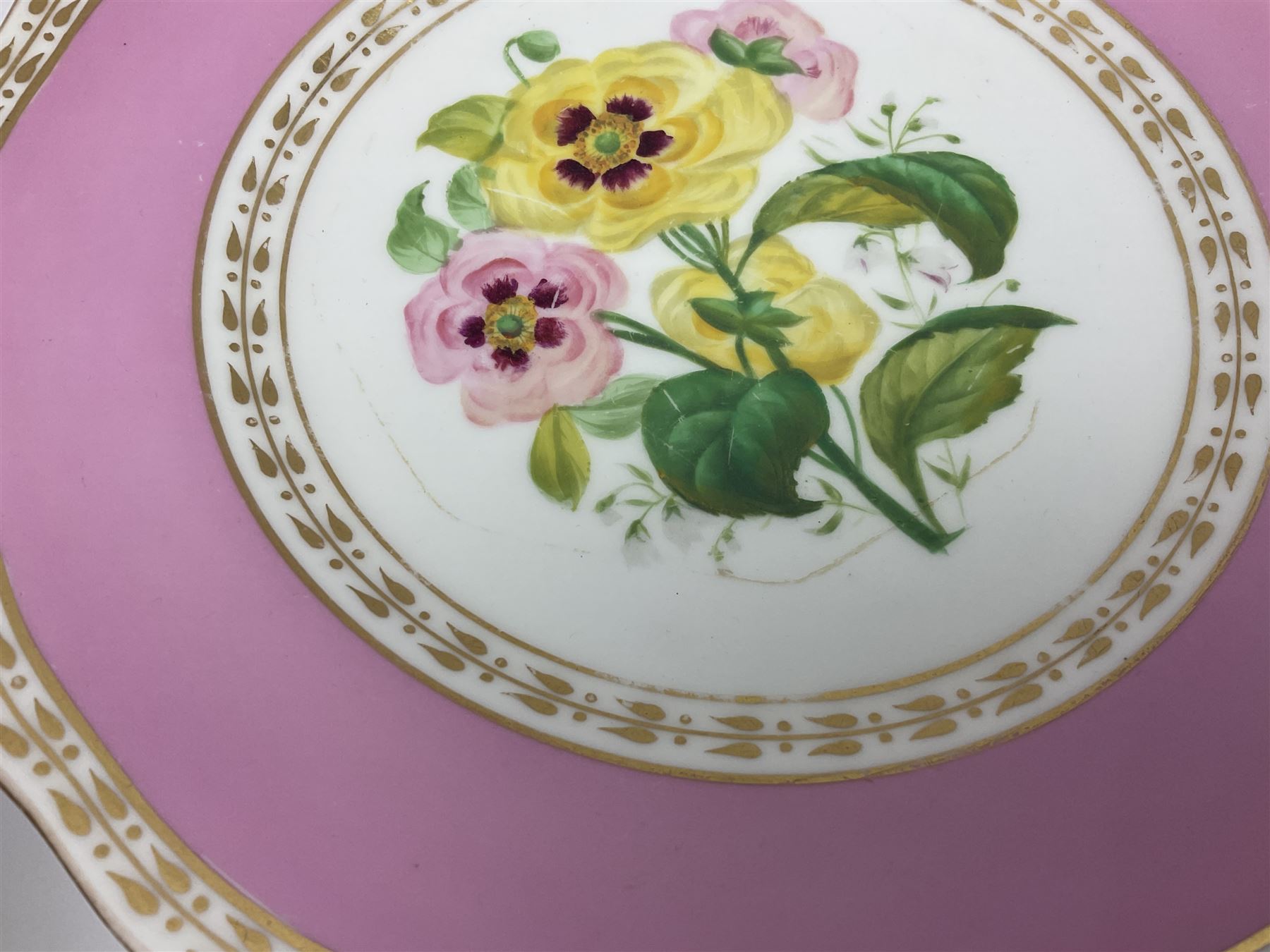 Victorian Copeland, Botanical dessert service, decorated with floral sprigs to the centre with a pink and gilt border, comprising five comports and seven plates, largest comport H20cm, plate D22cm