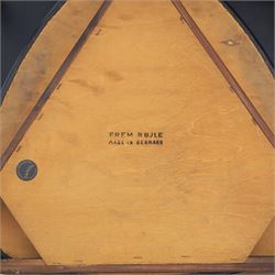 Frem Røjle - Danish teak 'Roundette' extendable dining table, circular top with softly chamfered edge and internal stowable leaf extends to 156cm, raised on four tapered cylindrical legs, accompanied by four matching dining chairs with shaped teak frames and black vinyl upholstered seats, the chairs designed to nest beneath the table when not in use