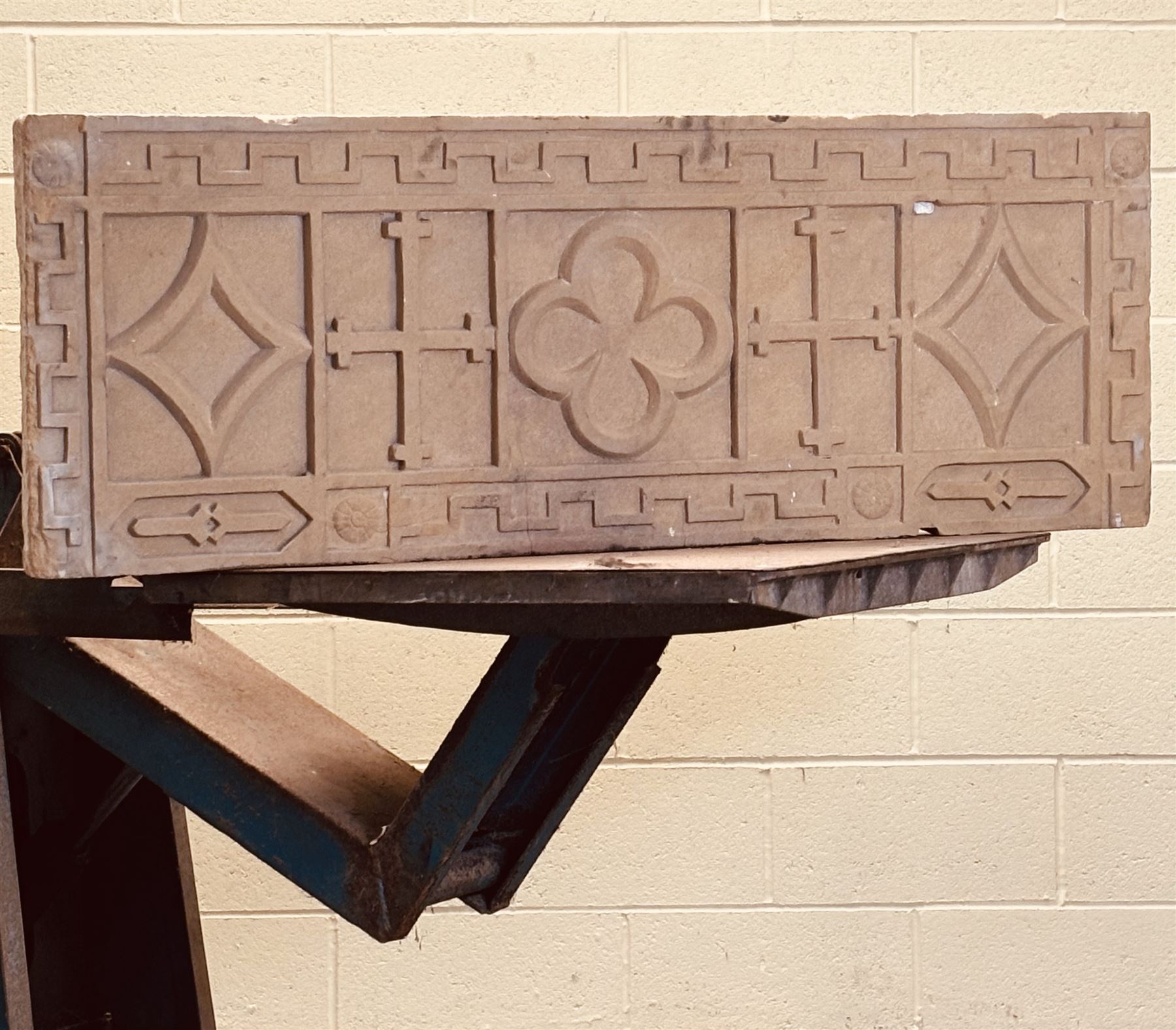 18th century carved sandstone chimneypiece transom/lintel, from a North York Moors manor house. L136cm, H51cm, D8cm. For ref. please see The HMSO Houses of the North York Moors publication.  - COLLECTION BY APPOINTMENT FROM: The White House, Thirsk Road, Easingwold, York, YO61 3NF - CALL 01723 507111 TO ARRANGE