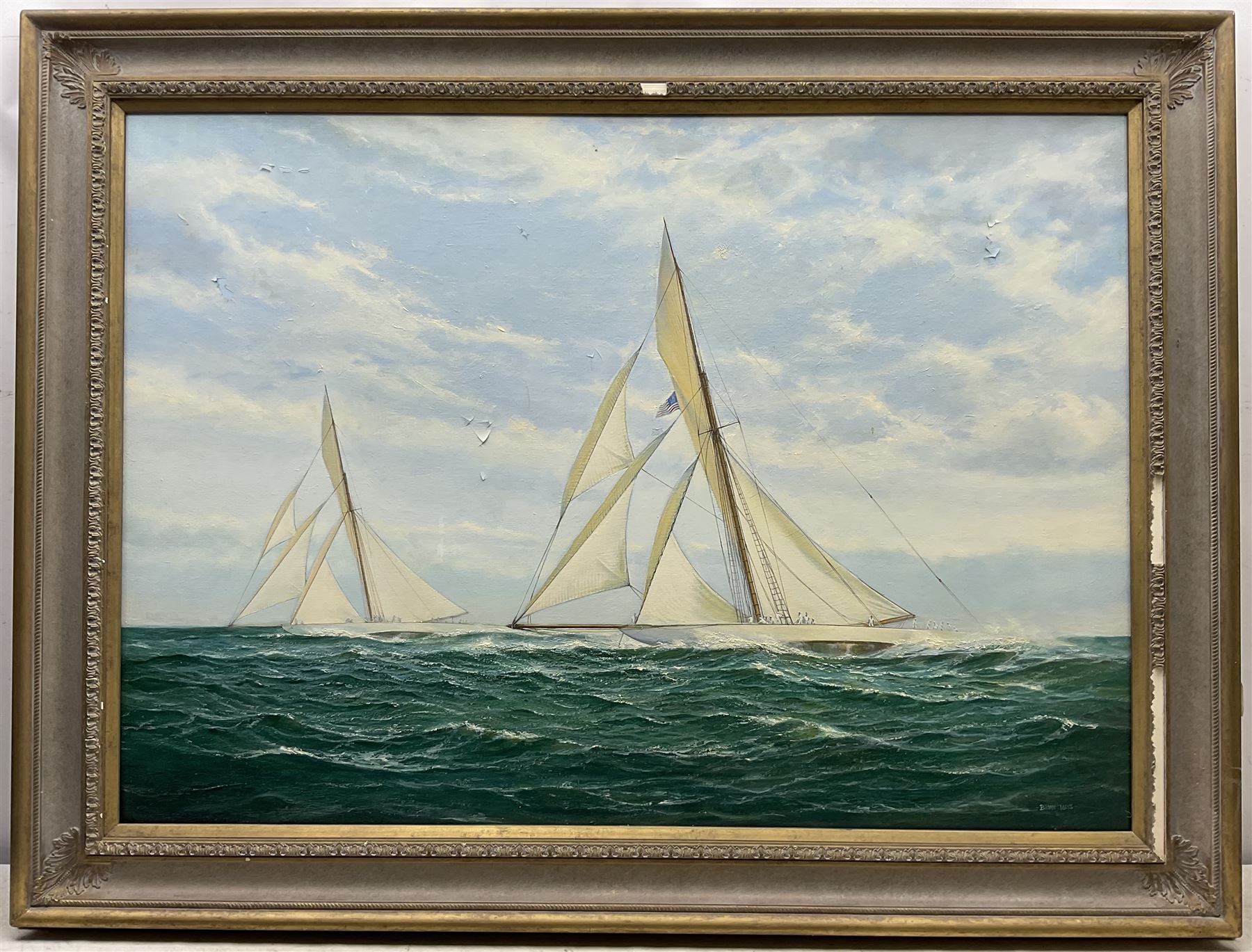 Brian Mays (British 1938-2005): 'Defender Defeats Valkyrie III 1895', oil on canvas signed, titled verso 74cm x 94cm 
Provenance: direct from the family of the artist.