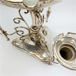 Large James Deakin and Sons silver plated epergne, c.1900, the central trumpet with pierced rim, above a large shallow bowl, upon a reeded column supporting three scrolling branches with conforming smaller trumpets, raised upon a triangular pierced base with three scroll feet, with marks beneath, JD & S, EPNS , and 'desk bell', T9518, H69cm
