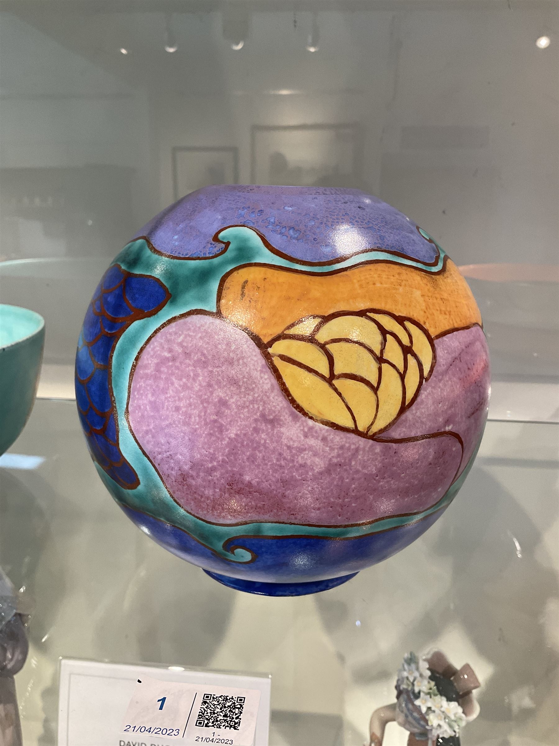 Clarice Cliff Bizarre for Newport Pottery Inspiration Tresco pattern vase, the body of shape 370 globe form painted in yellow, orange, pink, purple, green and blue with stylised island and sea related motifs such as scales and seaweed, with painted and impressed marks beneath, H15cm
