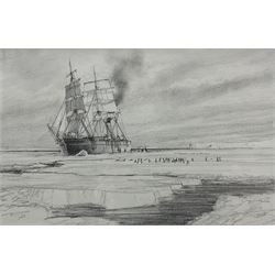 John Steven Dews (British 1949-): Steamer Breaking the Ice in the Arctic , pencil, signed and inscribed '1980 Amoco Calendar sketch Seven' verso 19cm x 29cm
Provenance: in the autumn of 1979 Steven accepted a commission from Amoco to execute twelve pictures for their 1980 calendar to reflect the development of the ocean-going vessel from Drake's 