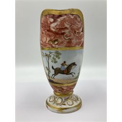 19th century continental jug of helmet shaped form, with hand painted central panel depicting a sidesaddle rider in a landscape with gilt border, upon red marbled effect ground, H16cm