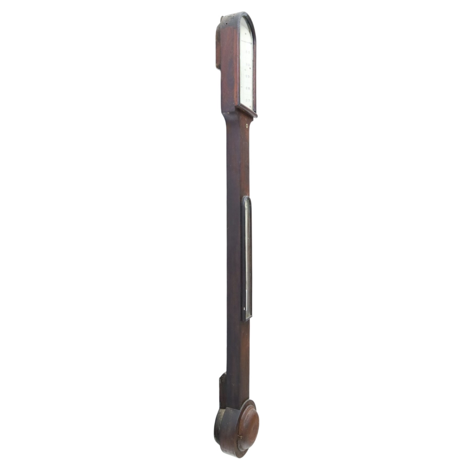 Victorian mahogany mercury stick barometer, the arched glazed register with weather indications and adjustable vernier, above a glazed thermometer and circular cistern cover, H 95cm