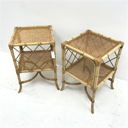 Pair bamboo framed lamp tables, cane work top and undertier, W41cm, H61cm, D44cm