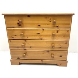Solid pine three drawer chest, four drawers, shaped plinth base