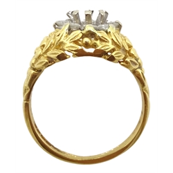 18ct gold flower and foliate design ring, set with diamonds, hallmarked