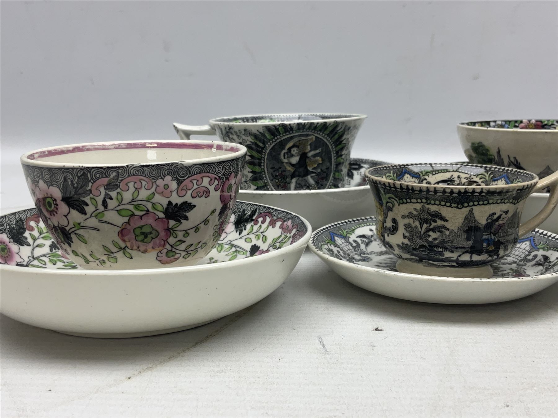Collection of 19th century tea wares by William Smith & Co, decorated in various patterns including Cupid, Tally Ho and Fountain 