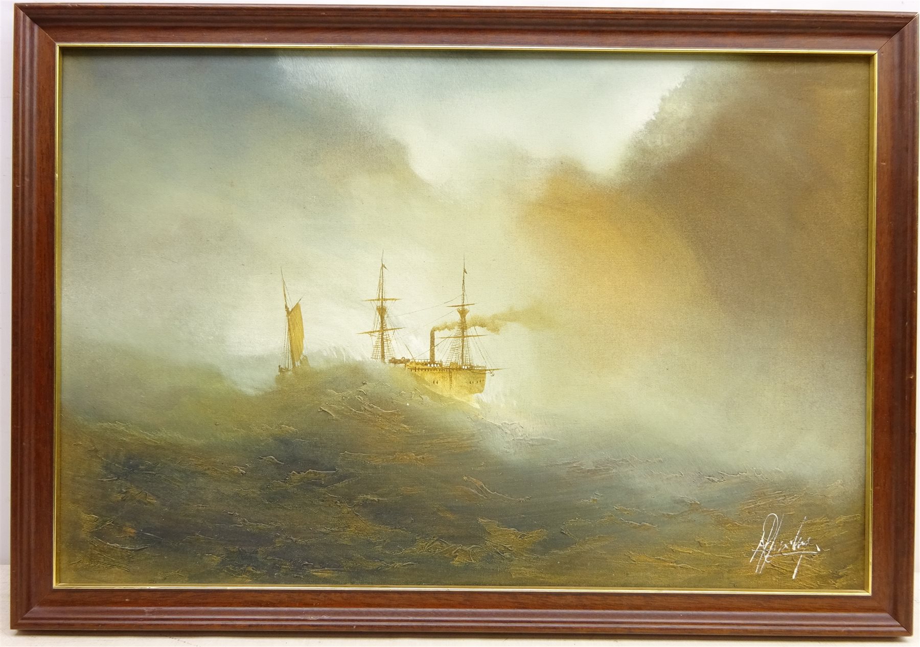 Steam Ship in Rough Seas, 20th century oil on canvas signed by Robert