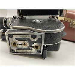 Paillard Bolex H16 RX5 cine camera body with turret for interchangeable lenses, serial no. 232492, with 'Switar H16RX 50mm f1.4' lens, serial no. 667880, 'Switar H16RX 25mm f1.4' lens, serial no.675510, 'Switar H16RX 16mm f1.8' lens, serial no. 884046 and RX fader, in fitted leather carrying case