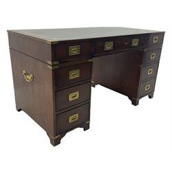 Bevan Funnell Reprodux - Military style mahogany twin pedestal desk, rectangular top with leather inset, fitted with eight drawers, on bracket feet