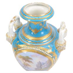 Pair of late 19th century Sevres style vases, each of urn shaped form with twin mask mounted raised handles, decorated with romantic figural and landscape panels within 'jewelled' and gilt foliate borders, with pseudo Sevres marks beneath, H35.5cm